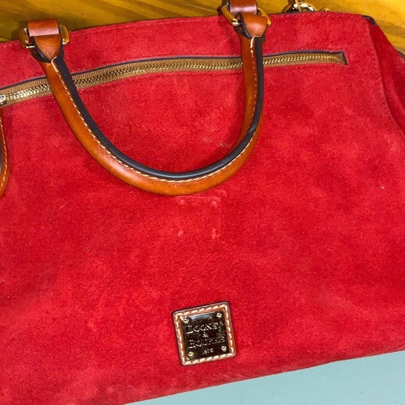 Dooney & Bourke Suede Zip Satchel Crossbody Bag Red Double Handle Pockets Footed - Picture 2 of 11